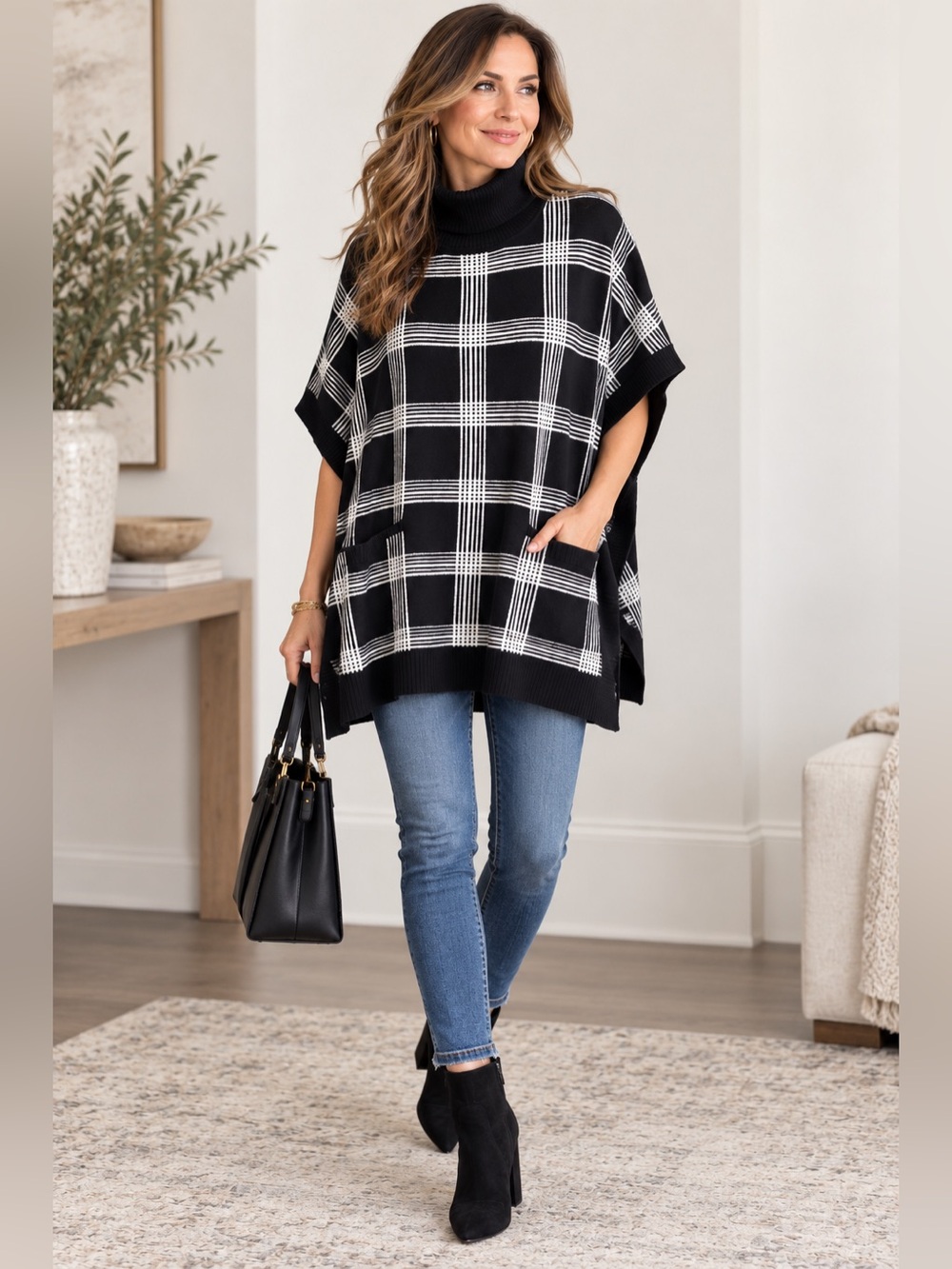 Jones New York Plaid Turtleneck Poncho Sweater S/M NEW